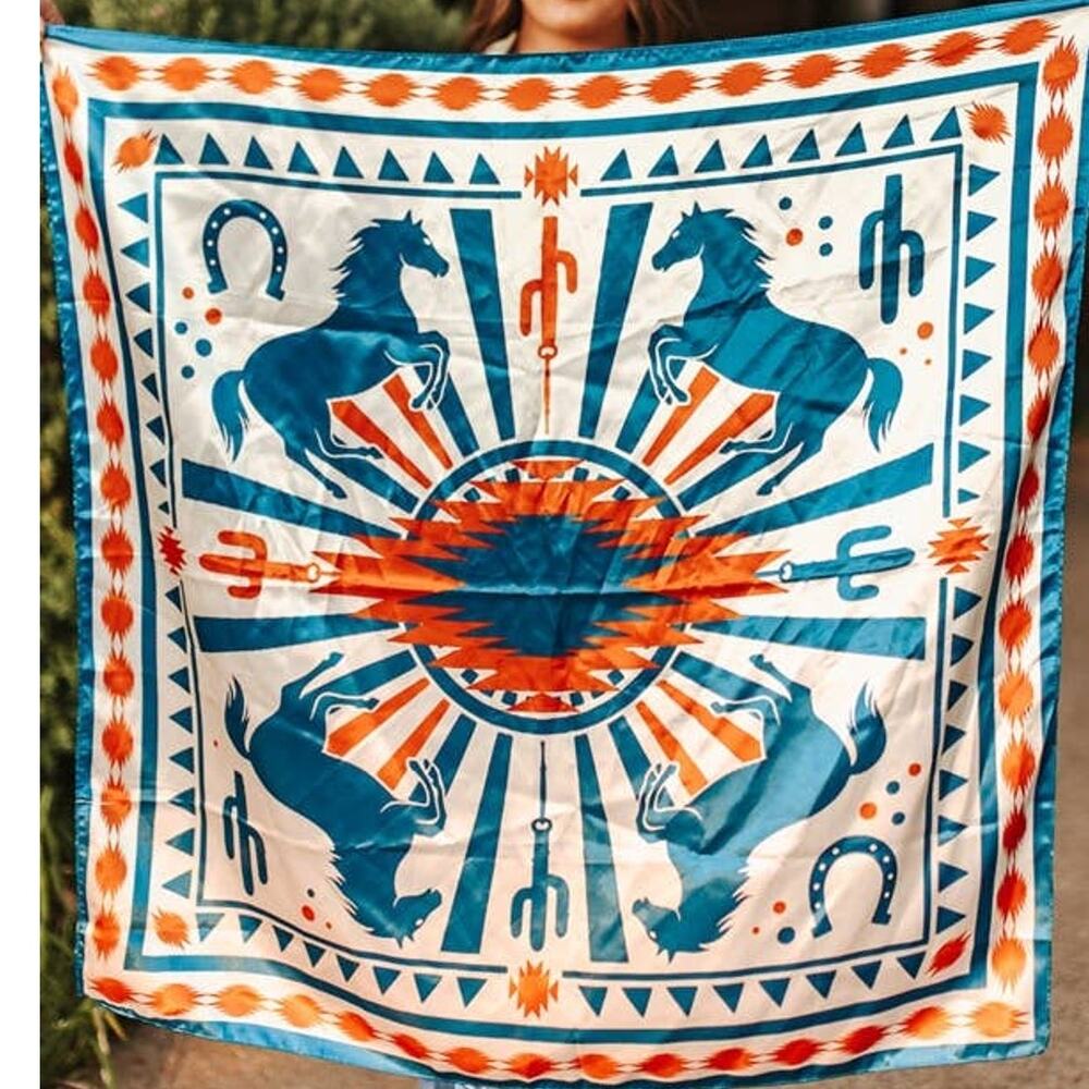 Teal & Orange Horse Aztec Double-Sided Wild Rag